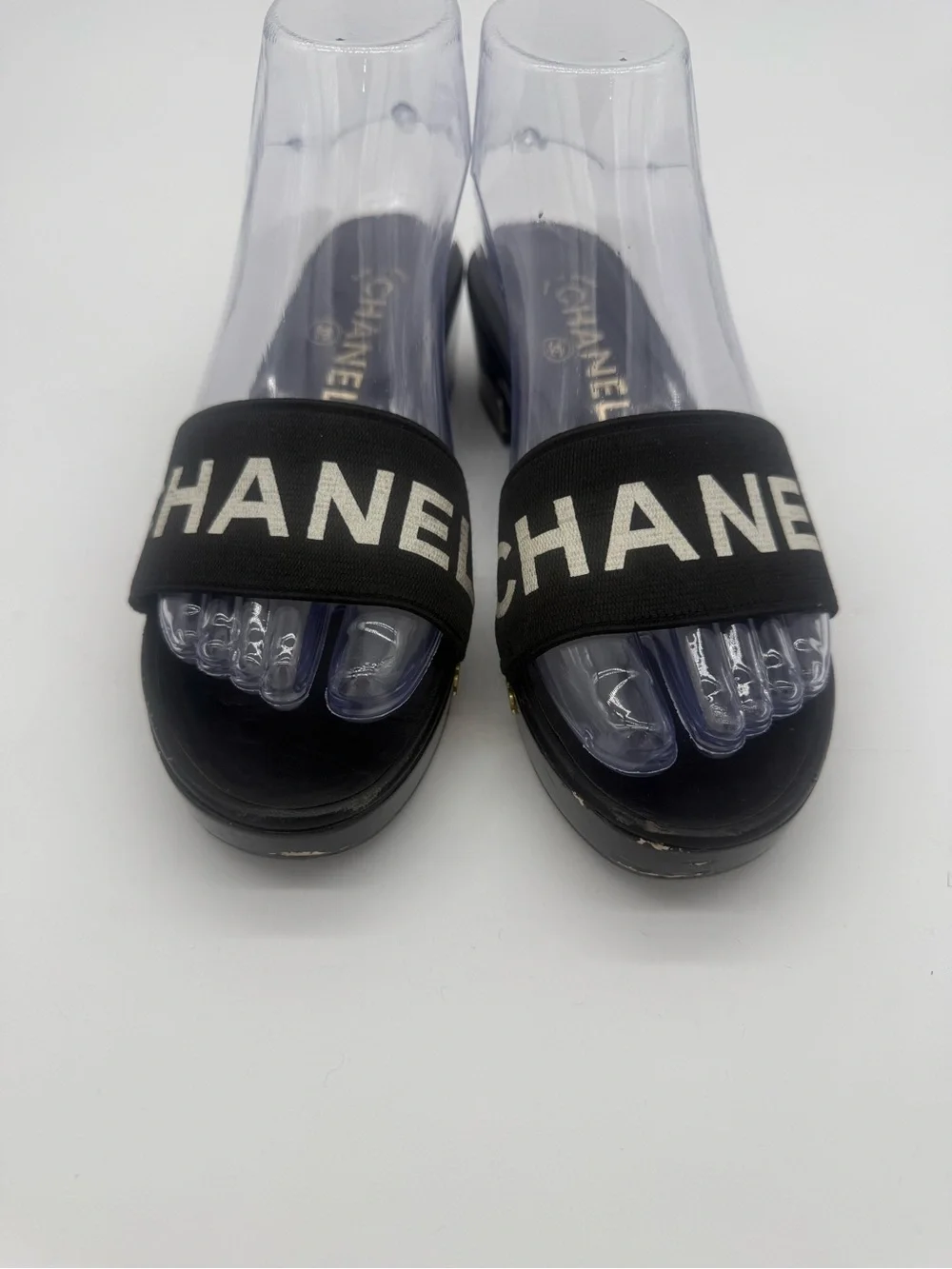 CHANEL Logo Band Platform Mules Clogs 37